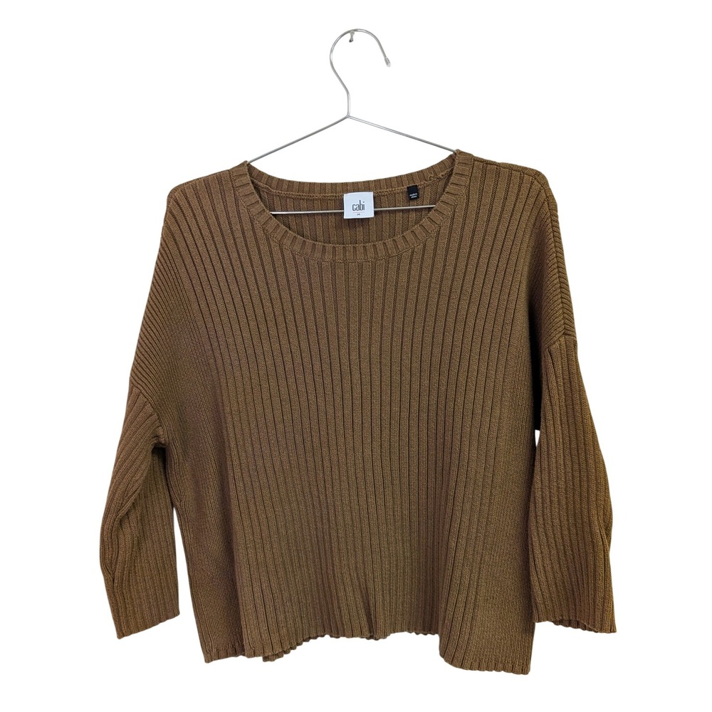 CAbi #3364 Luna Pullover Sweater Ribbed Knit Minimalist Brown Medium